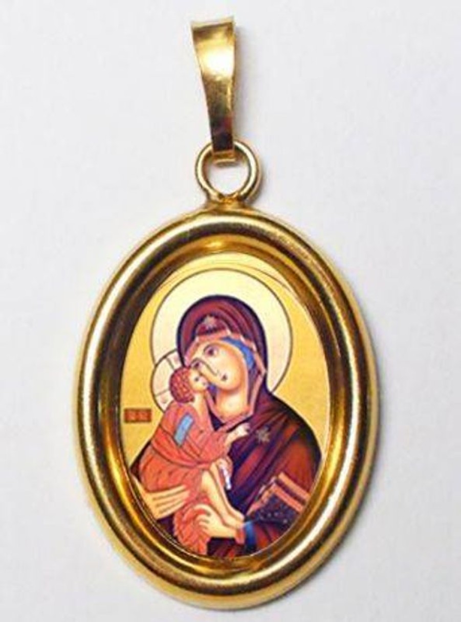 EB Arte Sacra La Vergine Di Vladimir Ciondolo Pendente Ovale Mm 19X24 (0,75X0,95 Inch) Argento Placcato Oro E Porcellana Uni Uomo Donna Italian Rosaries & Made In Italy Jewelry