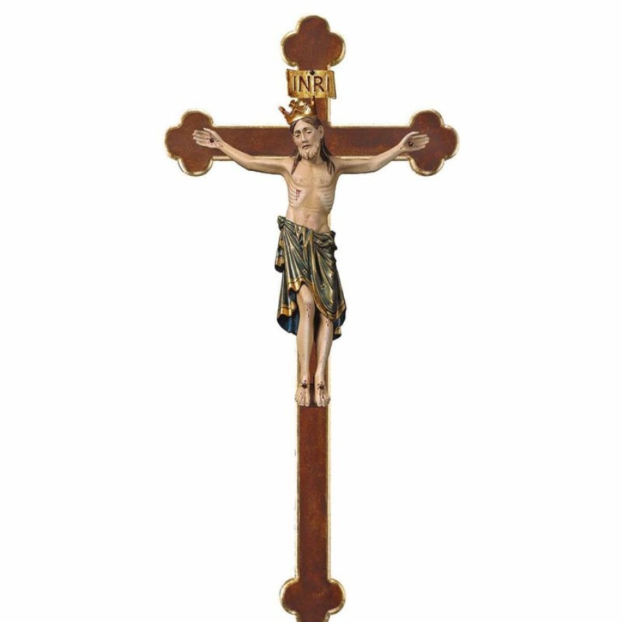 ULPE Crocifisso Nazareno Barocco Romanico Crocifisso Romanico Blu Con Corona Su Croce Barocca Cm 124X62 (55,9X24,4 Inch) Scultura Da Parete Antichizzata Oro In Legno Val Gardena Jesus Statues