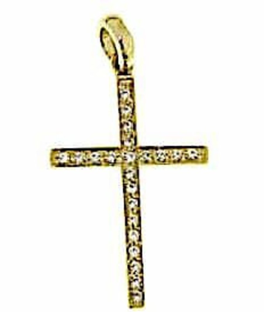 Vaticanum Gioielli in Oro Croce Dritta Con Punti Luce Ciondolo Pendente Gr 1,35 Oro Giallo 18Kt Con Zirconi Da Donna First Communion