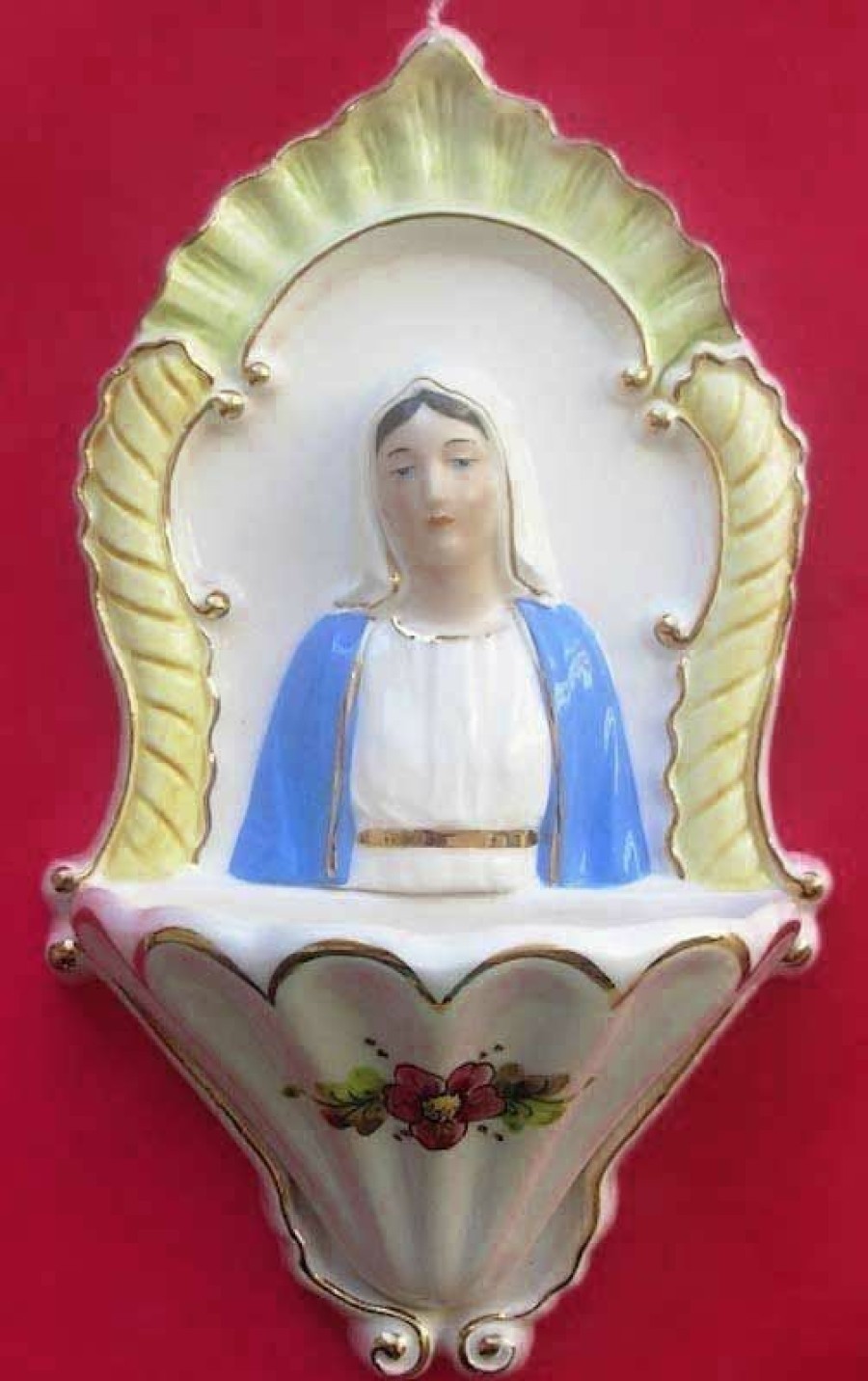 Maioliche Deruta Madonna Miracolosa Acquasantiera Cm 26 (10,2 In) Ceramica Invetriata Colorata Filo Oro Sacred & Religious Ceramics