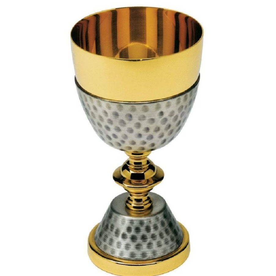 SEA Oggetti Liturgici in Oro e Argento Calice Liturgico Basso H. Cm 14 (5,5 Inch) Con Piede Martellato In Ottone Da Altare Messa Sacred Altar Vessels