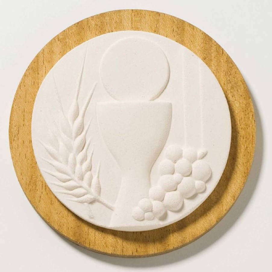 Centro Ave Loppiano Tondo Prima Comunione Base In Legno Cm 14 (5,5 Inch) Scultura In Argilla Refrattaria Bianca Ceramica Centro Ave Loppiano First Communion