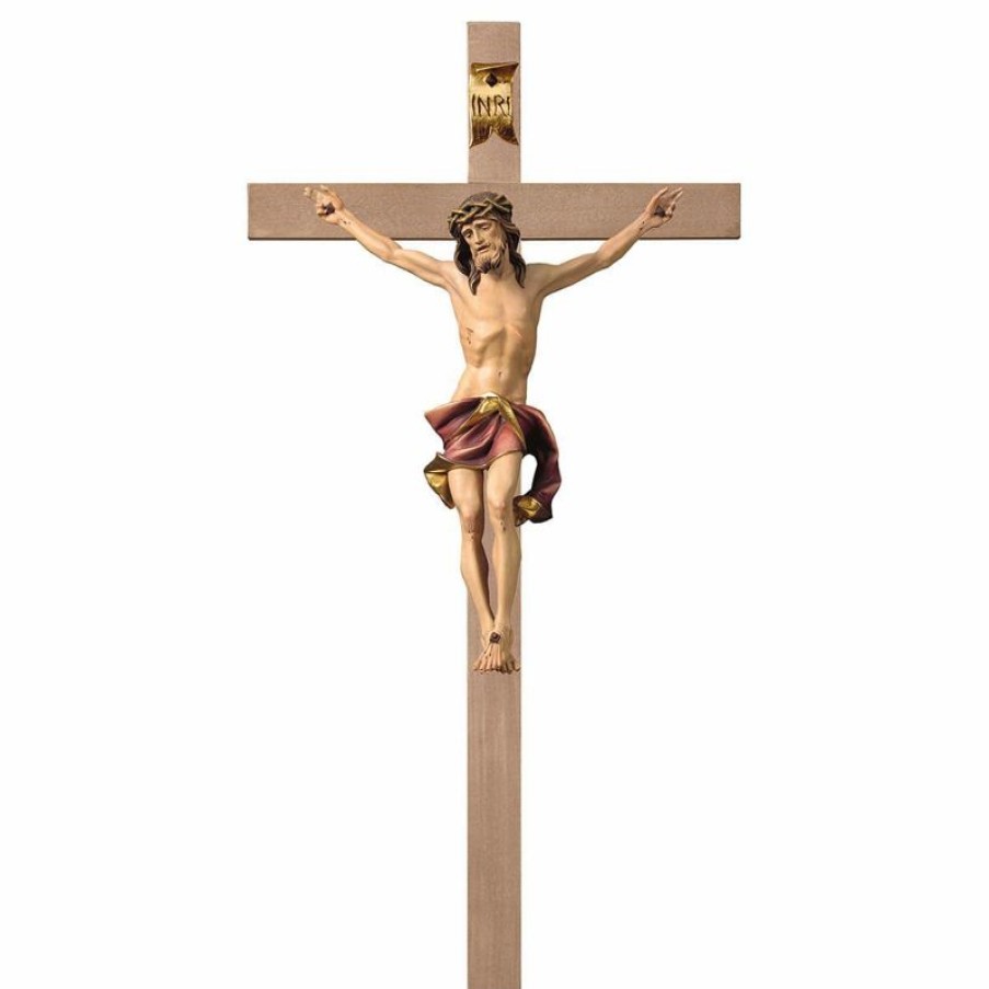 ULPE Crocifisso Nazareno Barocco Romanico Crocifisso Nazareno Rosso Su Croce Liscia Cm 220X110 (86,6X43,3 Inch) Scultura Da Parete Dipinta Ad Olio In Legno Val Gardena Jesus Statues