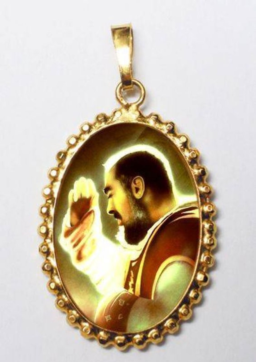 EB Arte Sacra Padre Pio Ciondolo Pendente Ovale A Corona Mm 24X30 (0,94X1,18 Inch) Argento Placcato Oro E Porcellana Da Donna Confirmation