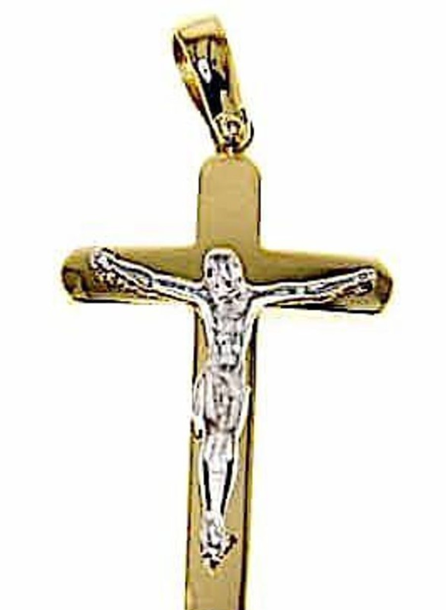 Vaticanum Gioielli in Oro Croce Stondata Con Corpo Di Cristo Ciondolo Pendente Gr 6,3 Bicolore Oro Massiccio Giallo Bianco 18Kt Uni Donna Uomo Confirmation