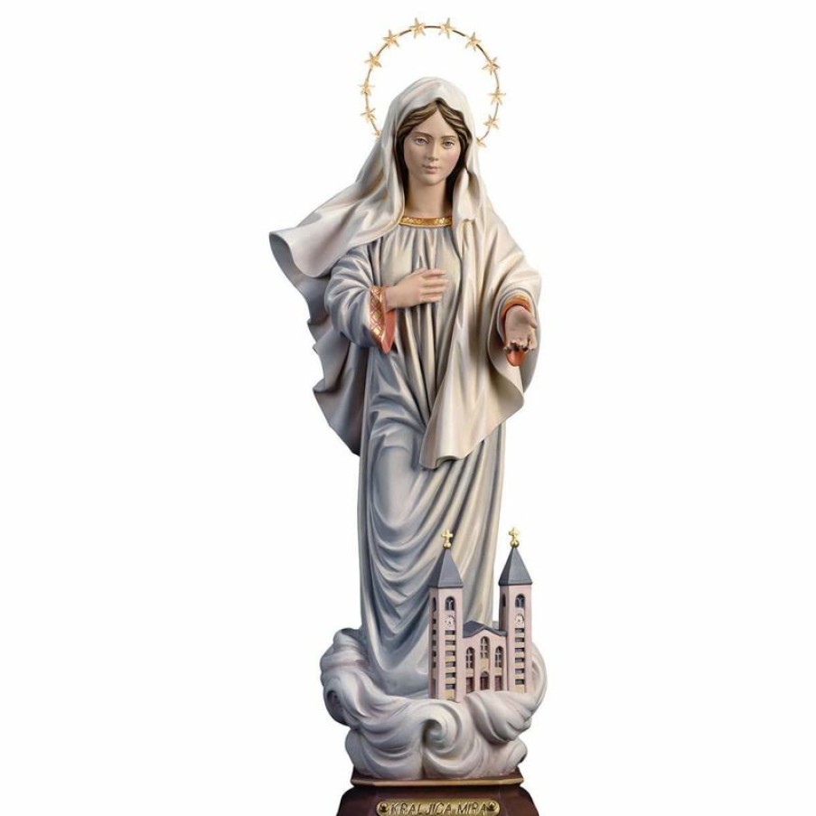 ULPE Sculture Sacre in legno Val Gardena Kraljice Mira Madonna Di Medjugorje Regina Della Pace Con Chiesa E Aureola Cm 23 (9,1 Inch) Statua Colori Ad Olio Legno Val Gardena Religious & Catholic Necklaces