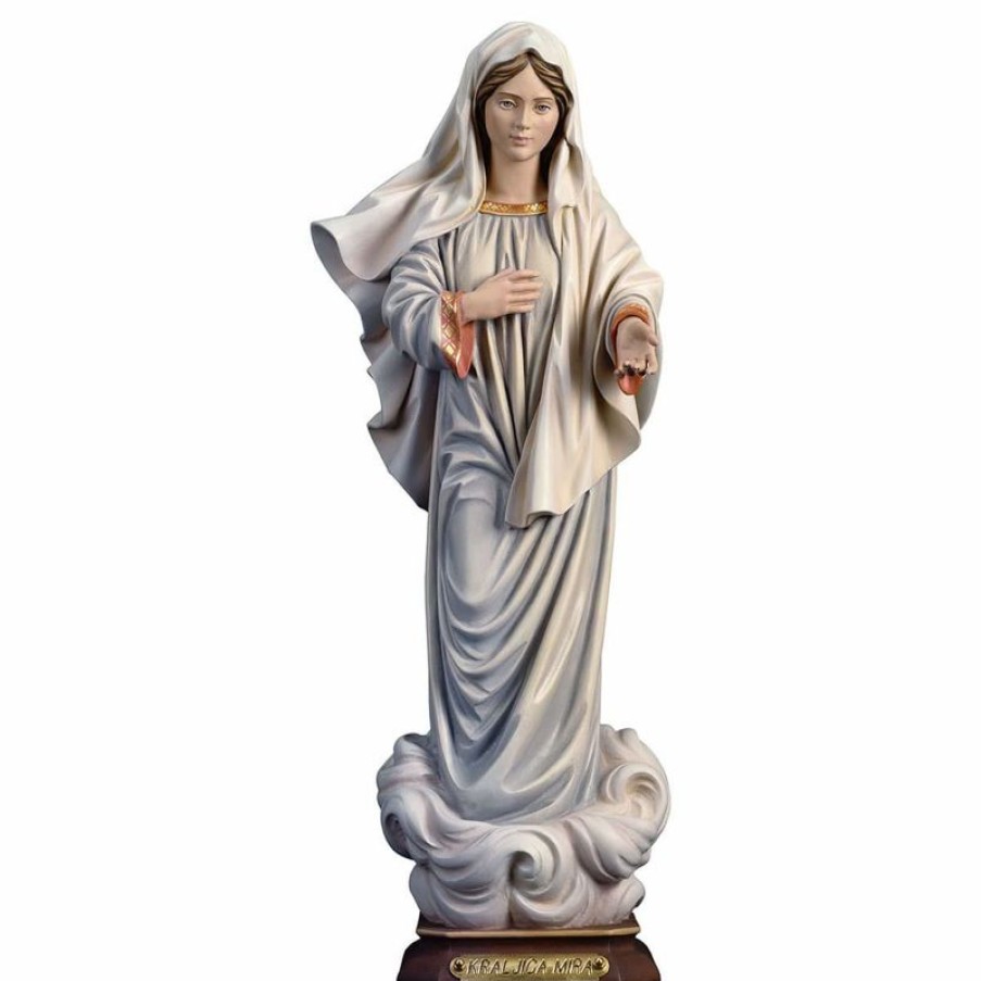 ULPE Sculture Sacre in legno Val Gardena Kraljice Mira Madonna Di Medjugorje Regina Della Pace Cm 35 (13,8 Inch) Statua Dipinta Ad Olio In Legno Val Gardena Religious & Catholic Necklaces