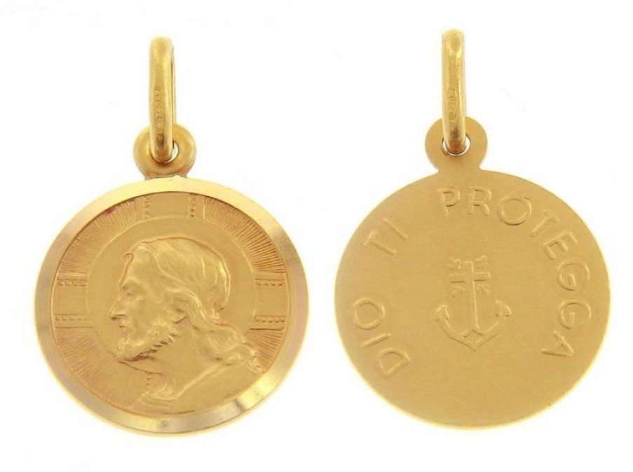 Vaticanum Gioielli in Oro Gesu Cristo Redentore E Preghiera Dio Ti Protegga Medaglia Sacra Pendente Tonda Conio Gr 2,5 Oro Giallo 18Kt Con Bordo Liscio Da Uomo Confirmation