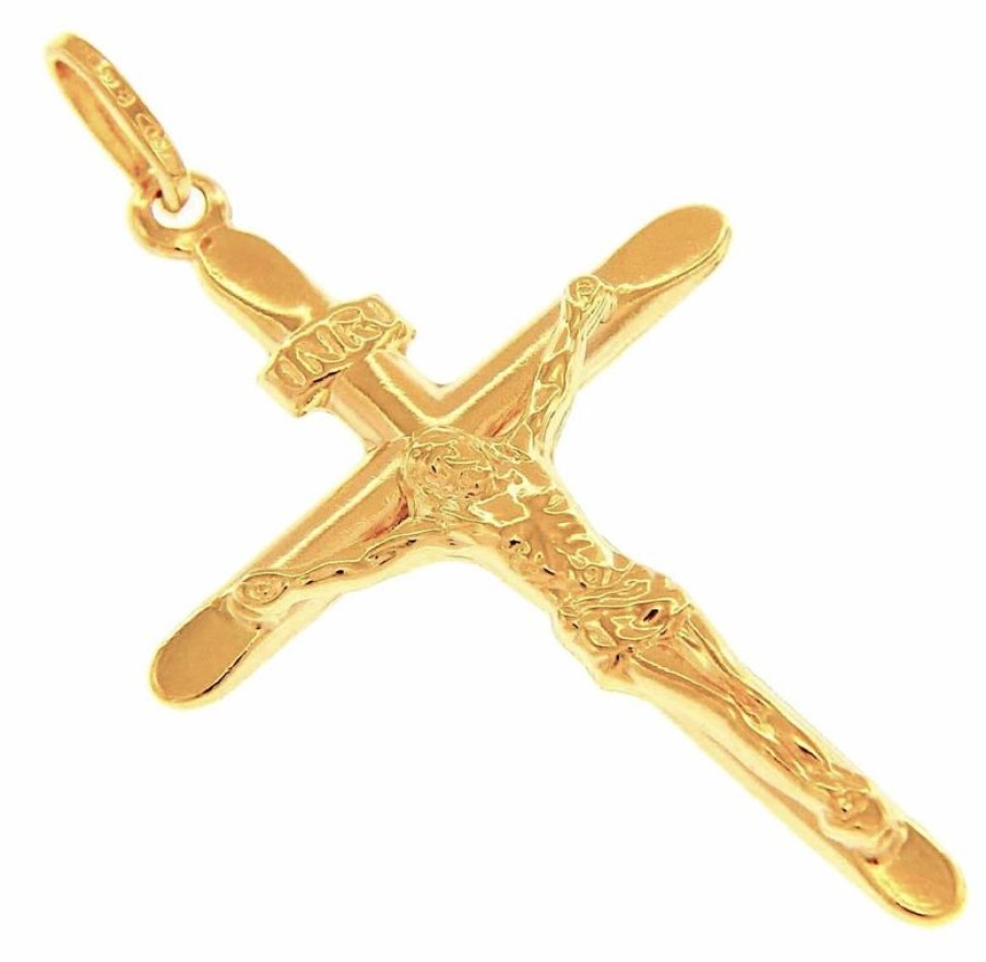 Vaticanum Gioielli in Oro Croce Dritta Con Corpo Di Cristo E Inri Scalpello Ciondolo Pendente Gr 1,5 Oro Giallo 18Kt A Canna Vuota Uni Donna Uomo First Communion