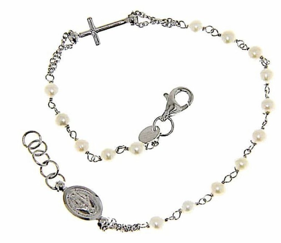 Vaticanum Gioielli in Oro Bracciale Rosario Con Medaglia Madonna Miracolosa E Croce Catena Passante Gr 3,2 Oro Bianco 18Kt Con Perle Da Donna Baptism