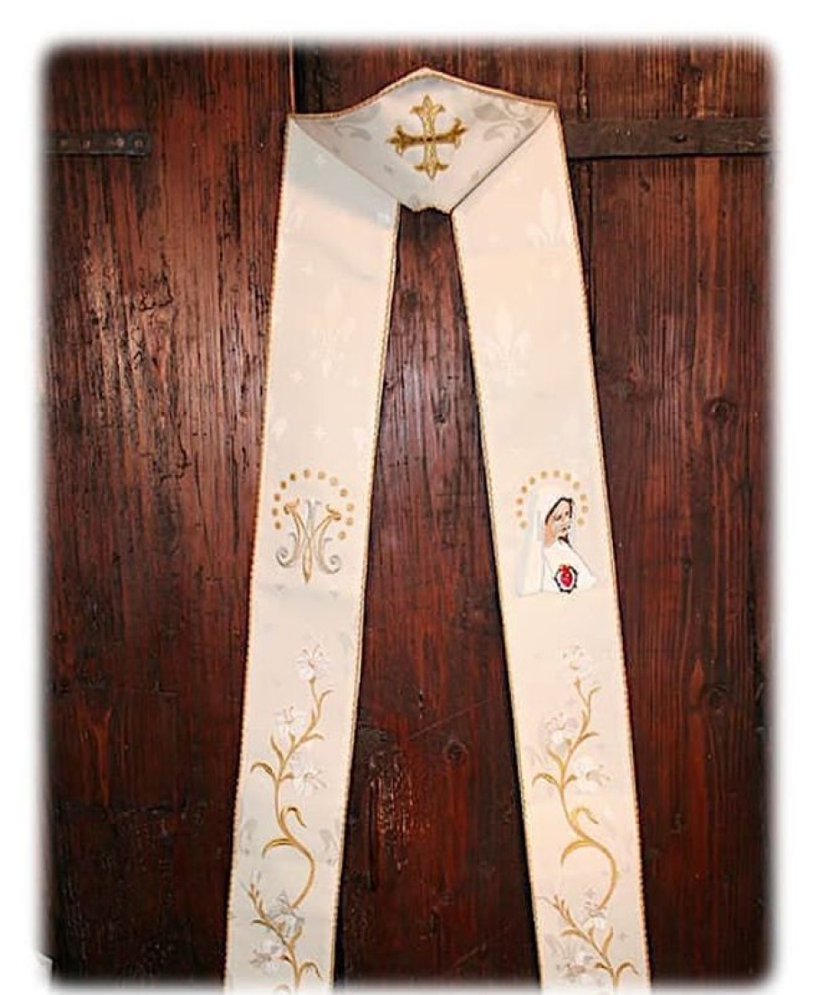 Confezioni e Ricami 1926 - Paramenti Sacri su Misura Stola Moderna Ricamo Mariano Damasco Giglio Bianco Azzurrro Catholic Priest & Liturgical Vestments