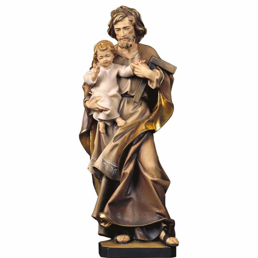 ULPE Sculture Sacre in legno Val Gardena Statua San Giuseppe Con Bambino E Squadra Cm 30 (11,8 Inch) Dipinta Ad Olio In Legno Val Gardena Cross Pendant