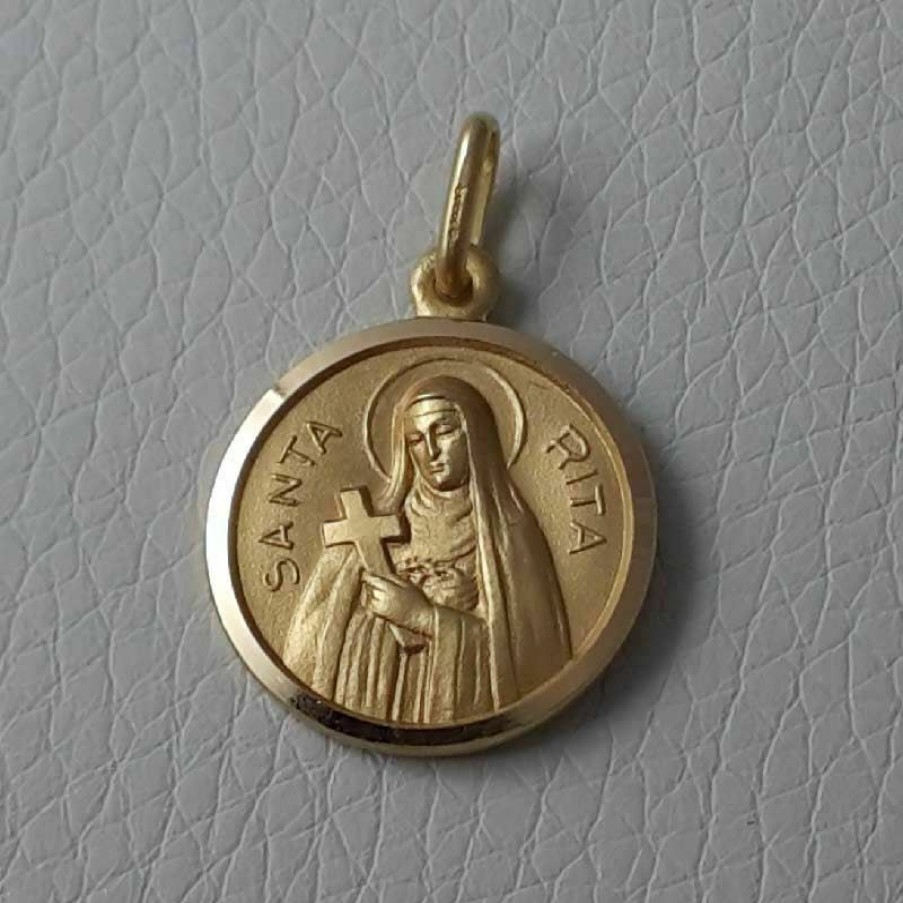 Vaticanum Gioielli in Oro Santa Rita Con Croce E Aureola Medaglia Sacra Pendente Tonda Conio Gr 3,3 Oro Giallo 18Kt Con Bordo Liscio Uni Donna Uomo Italian Rosaries & Made In Italy Jewelry