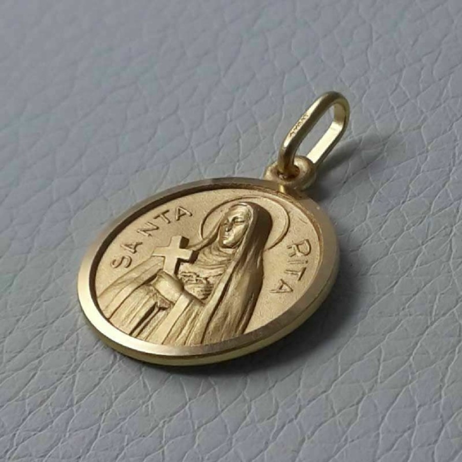 Vaticanum Gioielli in Oro Santa Rita Con Croce E Aureola Medaglia Sacra Pendente Tonda Conio Gr 3,3 Oro Giallo 18Kt Con Bordo Liscio Uni Donna Uomo Italian Rosaries & Made In Italy Jewelry