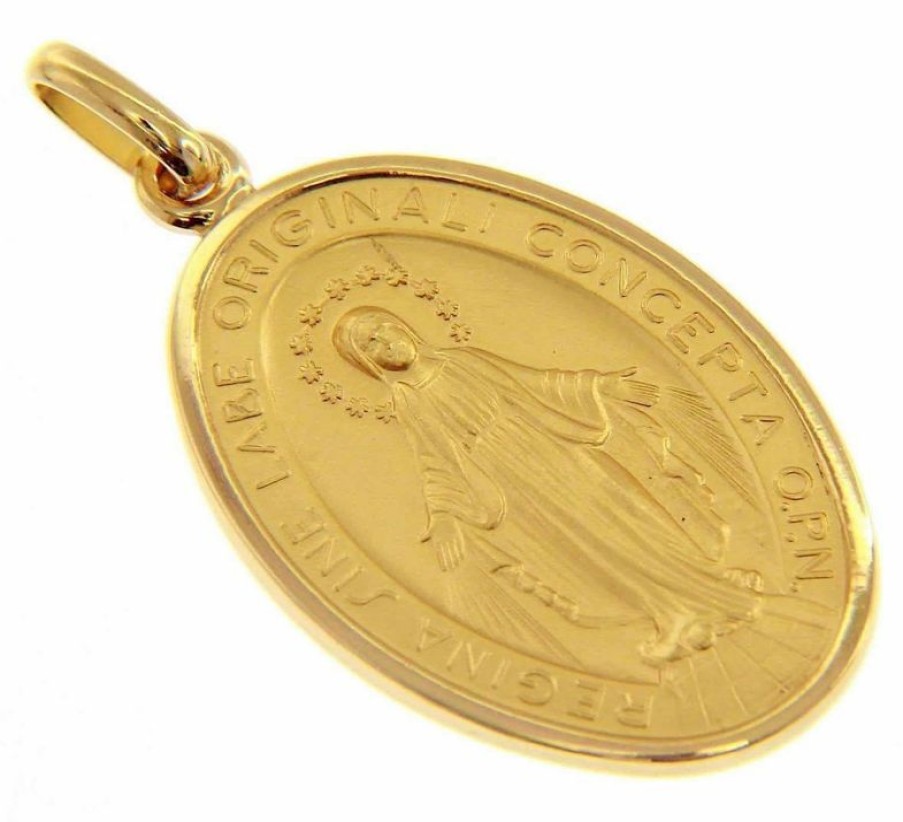 Vaticanum Gioielli in Oro Madonna Miracolosa Regina Sine Labe Originali Concepta O.P.N. Medaglia Sacra Pendente Ovale Conio Gr 12,5 Oro Giallo 18Kt Uni Donna Uomo Baptism