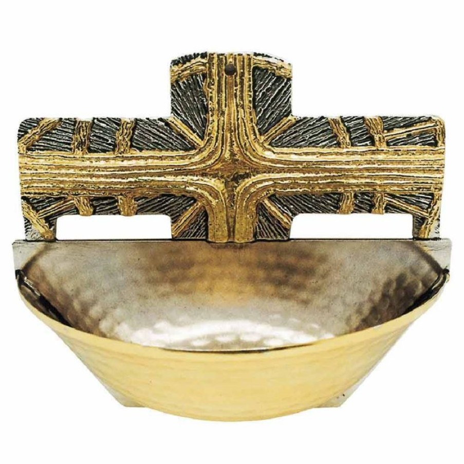 SEA Oggetti Liturgici in Oro e Argento Acquasantiera Da Parete H. Cm 14 (5,5 Inch) Croce E Raggi Di Luce In Ottone Bicolore Per Acqua Santa Sacred & Religious Ceramics