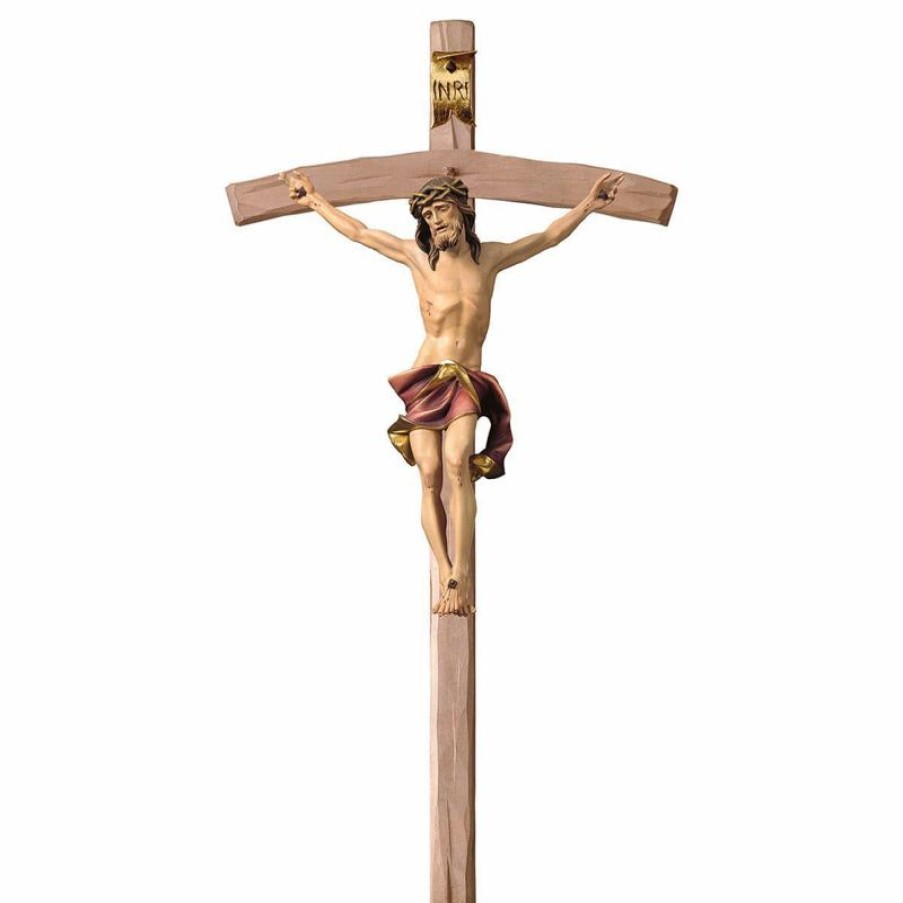 ULPE Crocifisso Nazareno Barocco Romanico Crocifisso Nazareno Rosso Su Croce Curva Cm 180X90 (70,9X35,4 Inch) Scultura Da Parete Dipinta Ad Olio In Legno Val Gardena Jesus Statues