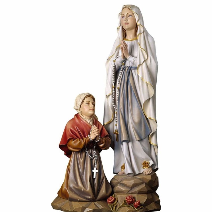 ULPE Sculture Sacre in legno Val Gardena Gruppo Apparizione Madonna Di Lourdes Cm 24 (9,4 Inch) Statua Dipinta Ad Olio In Legno Val Gardena Religious & Catholic Necklaces