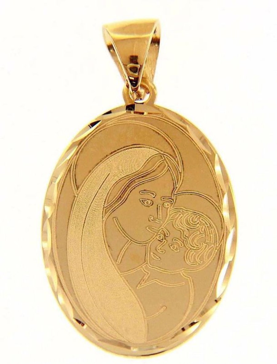 Vaticanum Gioielli in Oro Madonna Con Bambino Ciondolo Pendente Ovale Gr 1,9 Oro Giallo 18Kt Con Bordo Lavorato Da Donna Italian Rosaries & Made In Italy Jewelry