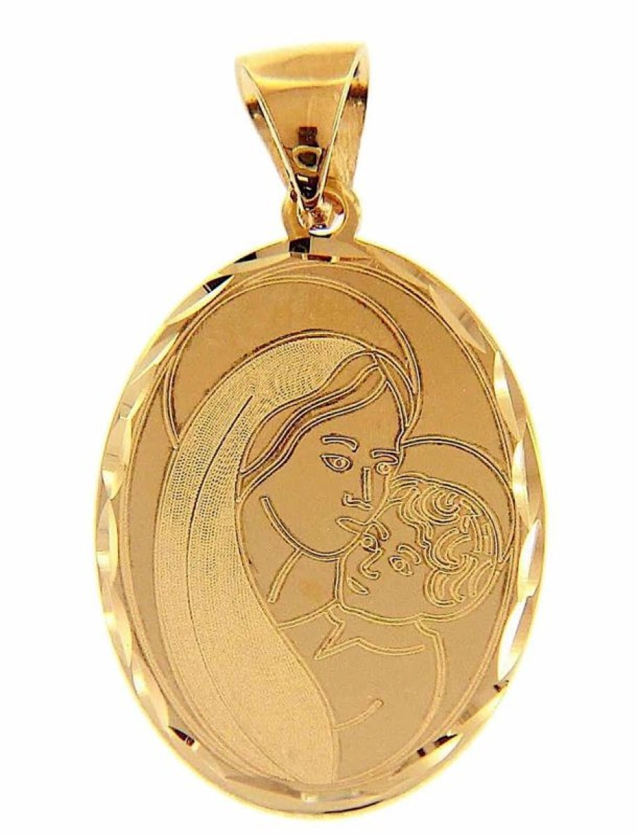 Vaticanum Gioielli in Oro Madonna Con Bambino Ciondolo Pendente Ovale Gr 1,9 Oro Giallo 18Kt Con Bordo Lavorato Da Donna Italian Rosaries & Made In Italy Jewelry