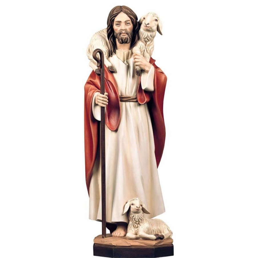 ULPE Sculture Sacre in legno Val Gardena Gesu Cristo Il Buon Pastore Cm 35 (13,8 Inch) Statua Dipinta Ad Olio In Legno Val Gardena Religious & Catholic Medals