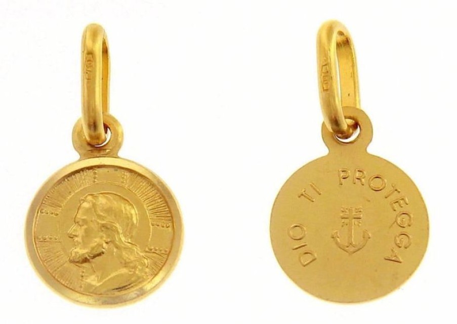 Vaticanum Gioielli in Oro Gesu Cristo Redentore E Preghiera Dio Ti Protegga Medaglia Sacra Pendente Tonda Conio Gr 0,9 Oro Giallo 18Kt Con Bordo Liscio Da Uomo First Communion