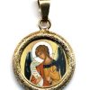 EB Arte Sacra Arcangelo Gabriele Ciondolo Pendente Tondo Diamantato Diam Mm 19 (0,75 Inch) Argento Placcato Oro E Porcellana Uni Uomo Donna E Bambini Baptism