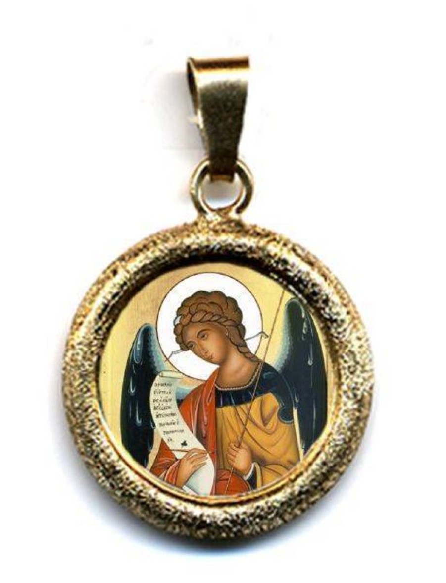 EB Arte Sacra Arcangelo Gabriele Ciondolo Pendente Tondo Diamantato Diam Mm 19 (0,75 Inch) Argento Placcato Oro E Porcellana Uni Uomo Donna E Bambini Baptism