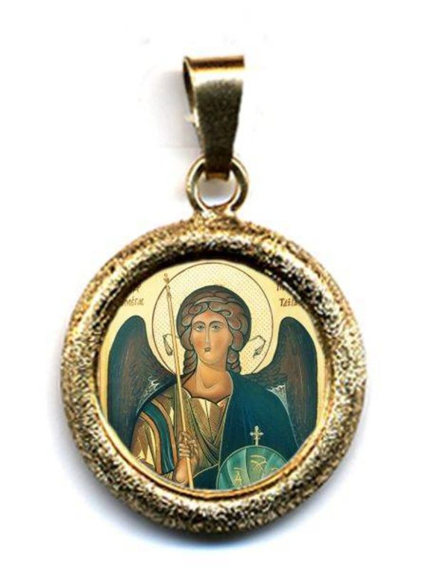 EB Arte Sacra Arcangelo Michele Ciondolo Pendente Tondo Diamantato Diam Mm 19 (0,75 Inch) Argento Placcato Oro E Porcellana Uni Uomo Donna E Bambini Baptism