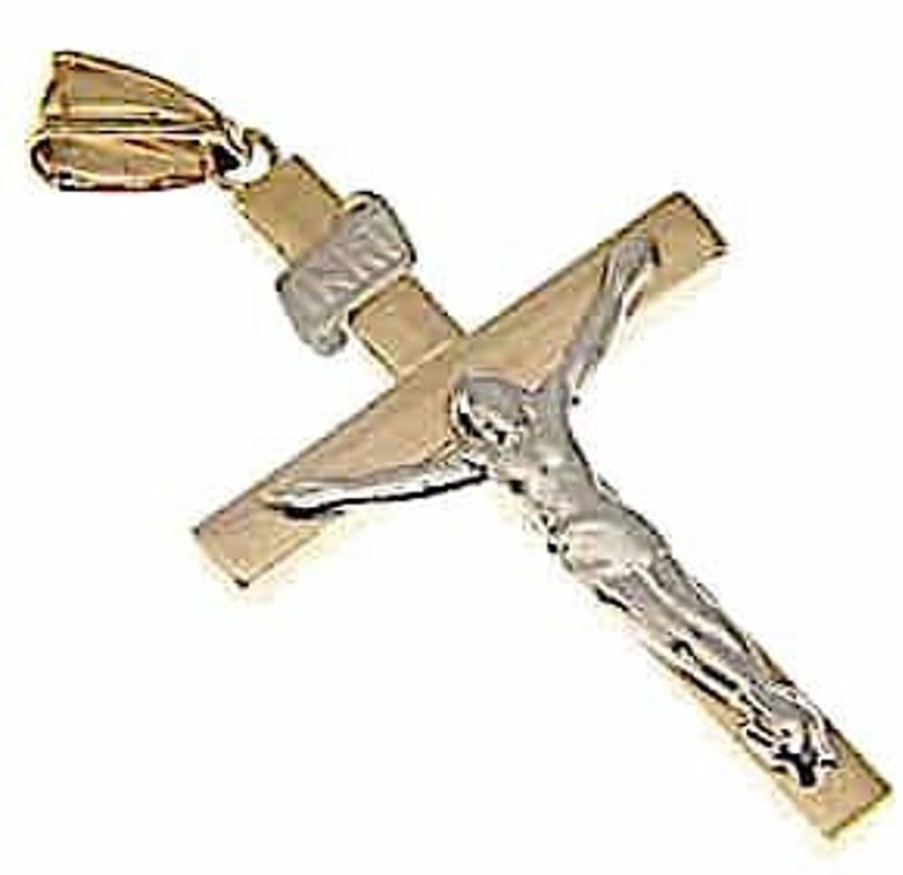 Vaticanum Gioielli in Oro Croce Dritta Con Corpo Di Cristo Inri Ciondolo Pendente Gr 1,5 Bicolore Oro Giallo Bianco 9Kt Uni Donna Uomo First Communion