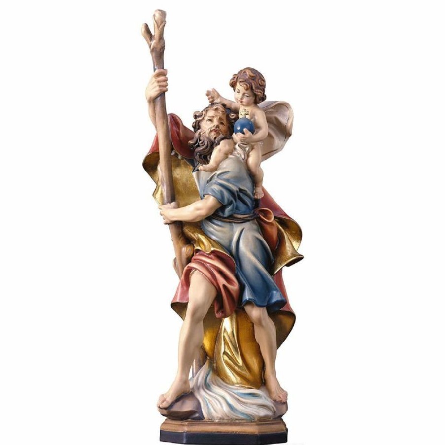 ULPE Sculture Sacre in legno Val Gardena Statua San Cristoforo Con Bambino Cm 62 (24,4 Inch) Dipinta Ad Olio In Legno Val Gardena Cross Pendant