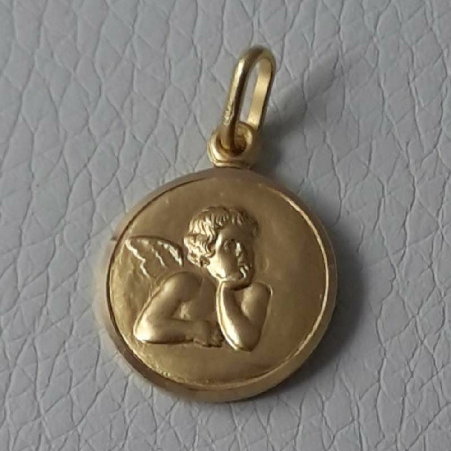 Vaticanum Gioielli in Oro Angelo Di Raffaello Medaglia Sacra Pendente Tonda Conio Gr 2,4 Oro Giallo 18Kt Donna Bimba Bimbo Baptism