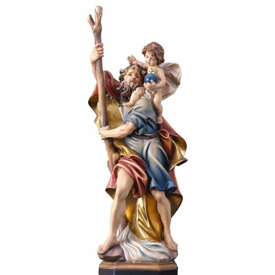 ULPE Sculture Sacre in legno Val Gardena Statua San Cristoforo Con Bambino Cm 32 (12,6 Inch) Dipinta Ad Olio In Legno Val Gardena Cross Pendant