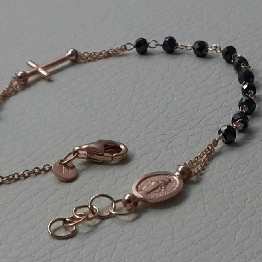 Vaticanum Gioielli in Oro Bracciale Rosario Con Medaglia Madonna Miracolosa E Croce Catena Passante Gr 3,6 Oro Rosa 18Kt Con Onice Uni Donna Uomo First Communion