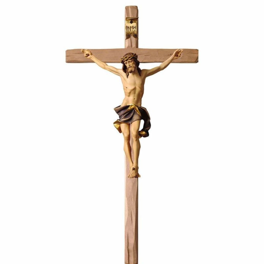 ULPE Crocifisso Nazareno Barocco Romanico Crocifisso Nazareno Blu Su Croce Dritta Cm 84X44 (33,1X17,3 Inch) Scultura Da Parete Dipinta Ad Olio In Legno Val Gardena Jesus Statues