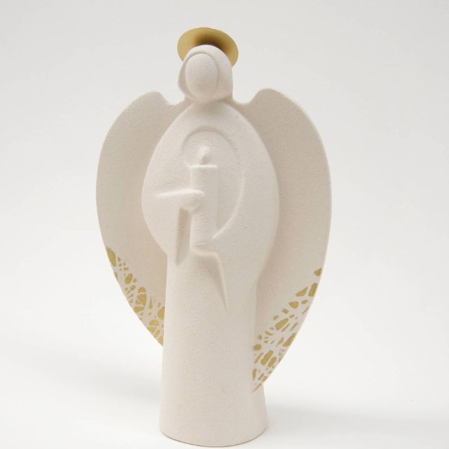 Centro Ave Loppiano Angelo Lumiere Con Candela Gold Cm 19,5 (7,7 Inch) Scultura In Argilla Refrattaria Bianca Ceramica Centro Ave Loppiano Sacred & Religious Ceramics