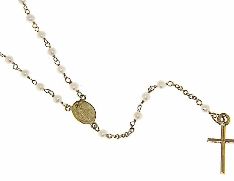 Vaticanum Gioielli in Oro Collana Girocollo Rosario Lunga Con Medaglia Madonna Miracolosa E Croce Gr 6 Oro Giallo 18Kt Con Perle Da Donna Baptism