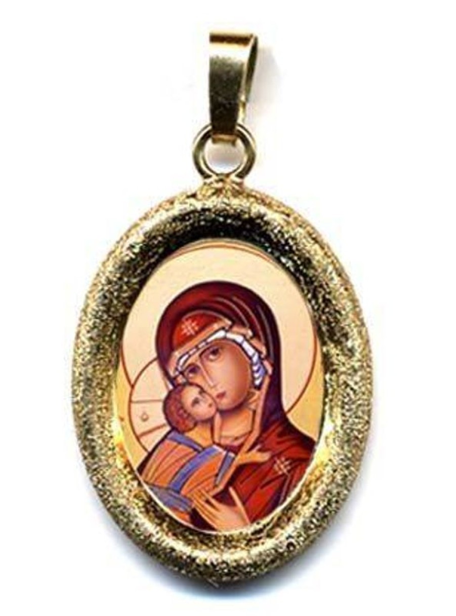 EB Arte Sacra La Vergine Di Vladimir Ciondolo Pendente Ovale Diamantato Mm 19X24 (0,75X0,95 Inch) Argento Placcato Oro E Porcellana Uni Uomo Donna Italian Rosaries & Made In Italy Jewelry