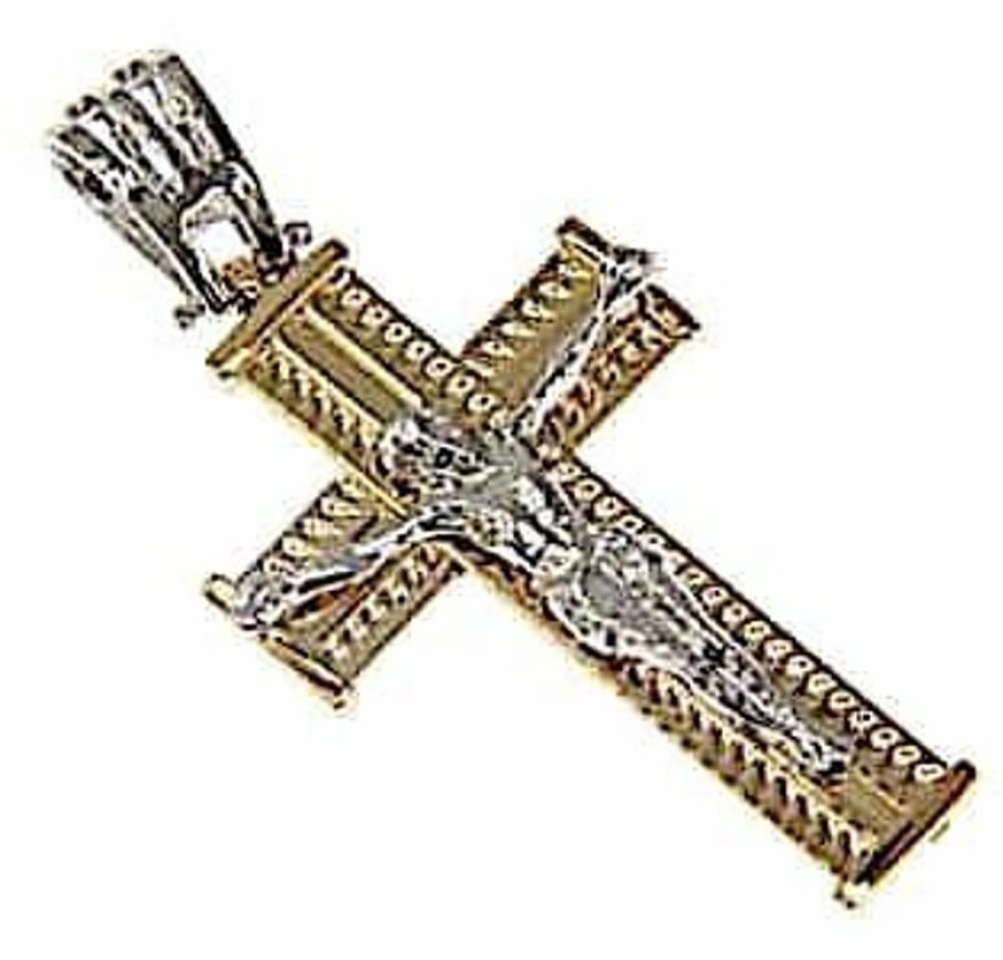 Vaticanum Gioielli in Oro Croce Dritta Lavorata Con Corpo Di Cristo Ciondolo Pendente Gr 2,7 Bicolore Oro Giallo Bianco 18Kt A Canna Vuota Uni Donna Uomo First Communion