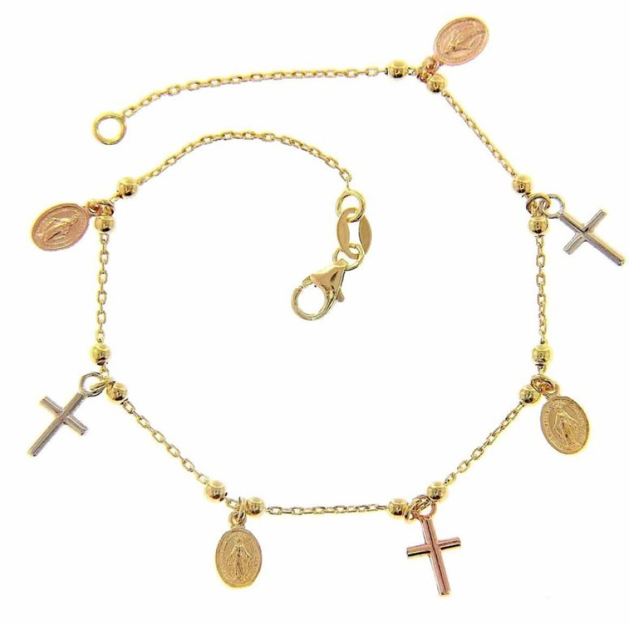 Vaticanum Gioielli in Oro Bracciale Rosario Con 4 Medaglie Madonna Miracolosa E 3 Croci Gr 3 Tricolor Oro Giallo Bianco E Rosa 18Kt Da Donna Baptism