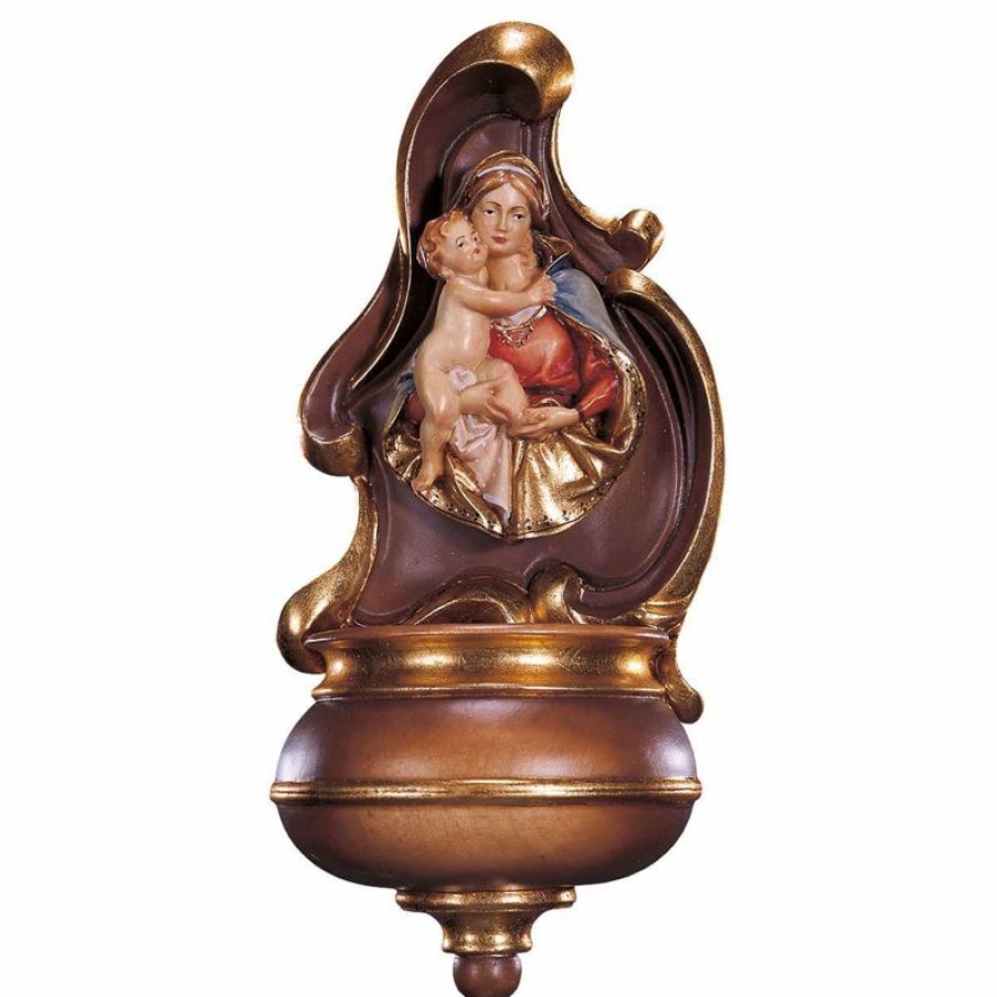 ULPE Addobbi Natalizi in legno Acquasantiera Con Busto Di Madonna In Bassorilievo Cm 17 (6,7 Inch) Scultura Da Parete Dipinta Ad Olio In Legno Val Gardena Sacred & Religious Ceramics