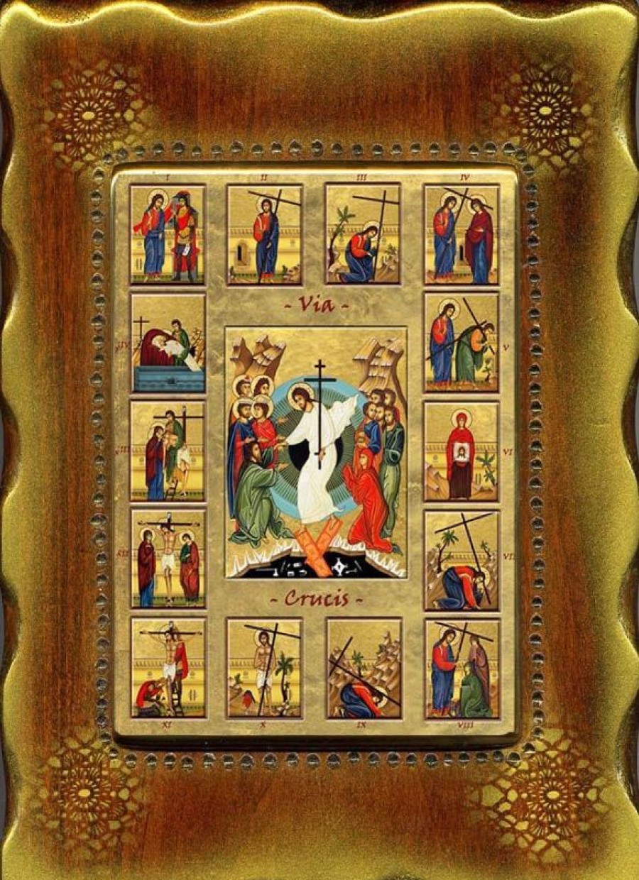 EB Arte Sacra Via Crucis Icona In Porcellana Su Tavola Dorata Cm 18X24X2,5 (7,1X9,4X1 Inch) Da Muro E Da Tavolo Collectible Nativity Sets & 38 Sizes