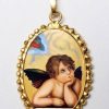 EB Arte Sacra Angelo Ciondolo Pendente Ovale A Corona Mm 24X30 (0,94X1,18 Inch) Argento Placcato Oro E Porcellana Da Donna E Bambini Holy Water Fonts