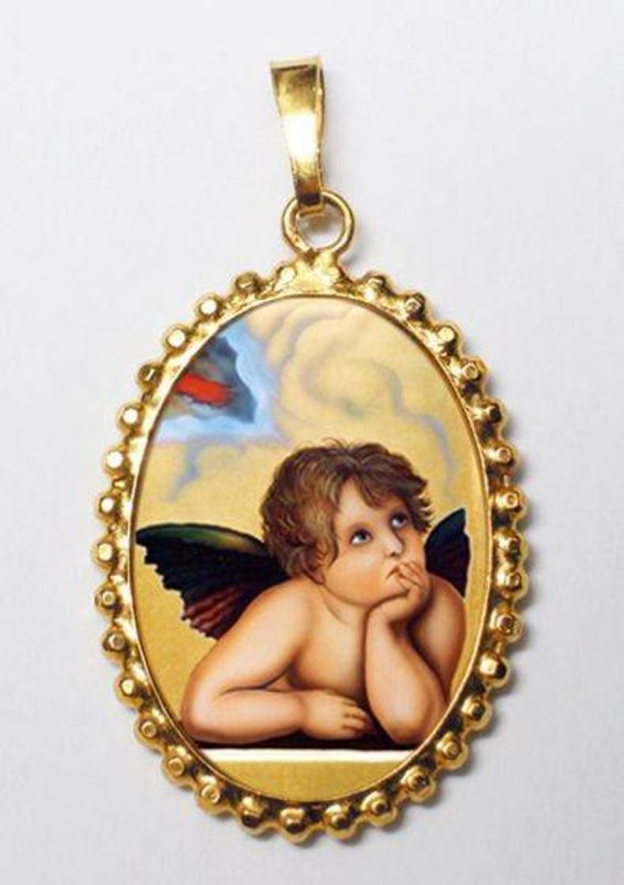 EB Arte Sacra Angelo Ciondolo Pendente Ovale A Corona Mm 24X30 (0,94X1,18 Inch) Argento Placcato Oro E Porcellana Da Donna E Bambini Holy Water Fonts