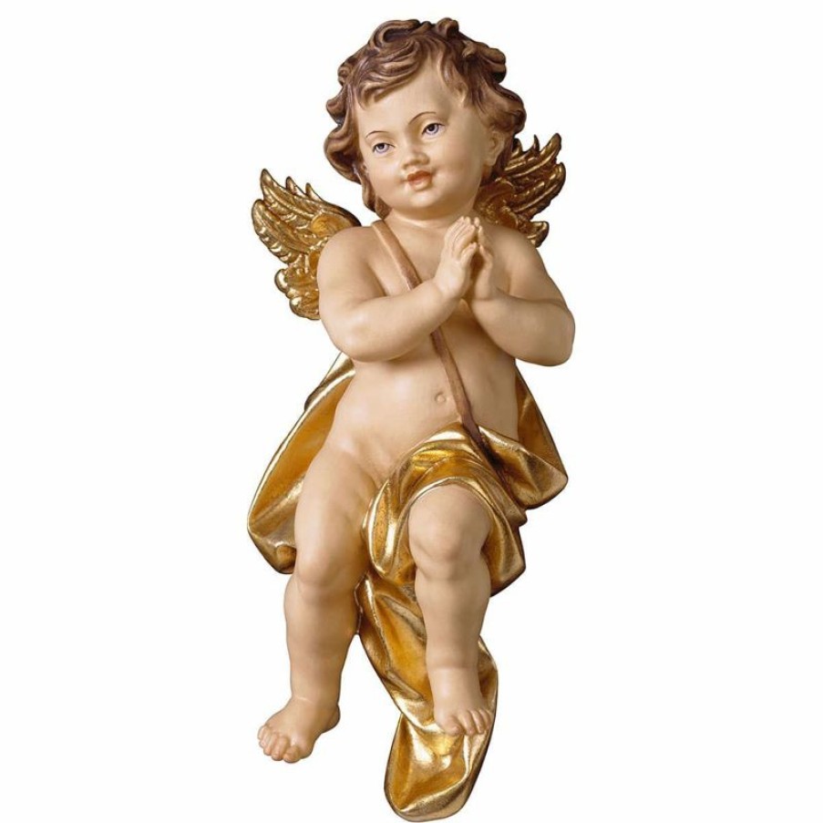 ULPE Addobbi Natalizi in legno Putto Angelo Cherubino Che Prega Cm 40 (15,7 Inch) Scultura In Legno Val Gardena Dipinta Ad Olio Holy Water Fonts