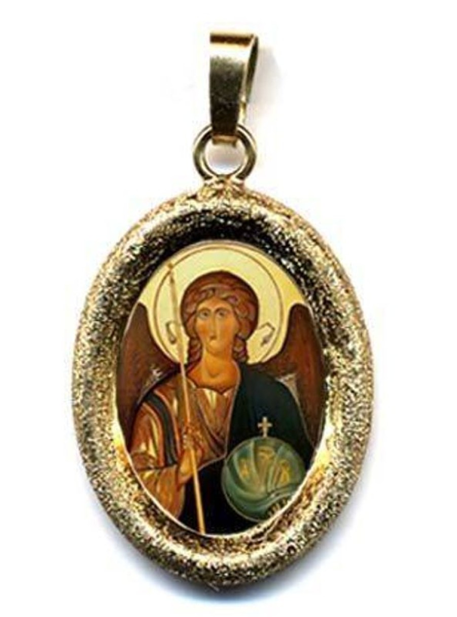 EB Arte Sacra Arcangelo Michele Ciondolo Pendente Ovale Diamantato Mm 19X24 (0,75X0,95 Inch) Argento Placcato Oro E Porcellana Uni Uomo Donna E Bambini Baptism