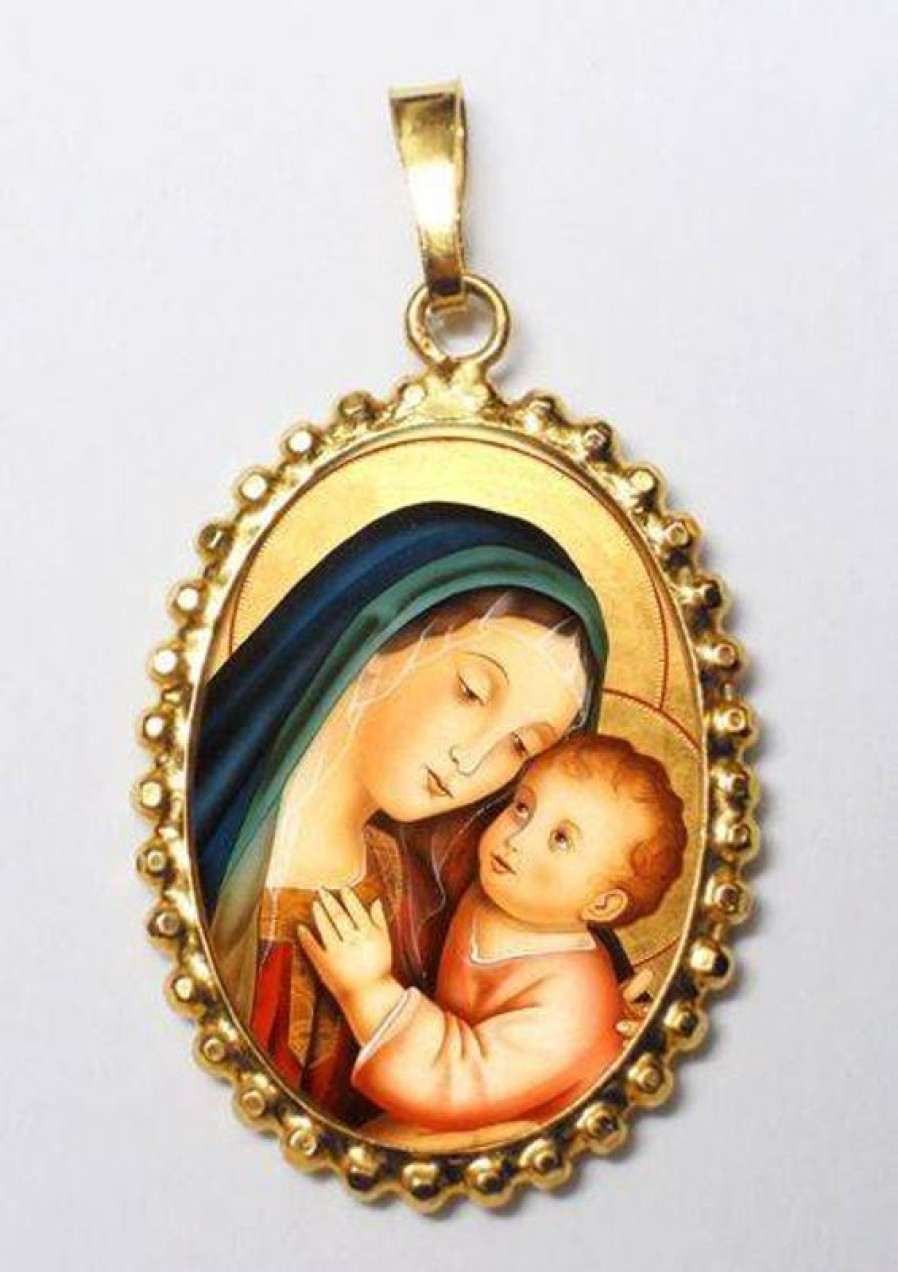 EB Arte Sacra Madonna Del Buon Consiglio Ciondolo Pendente Ovale A Corona Mm 24X30 (0,94X1,18 Inch) Argento Placcato Oro E Porcellana Da Donna Italian Rosaries & Made In Italy Jewelry