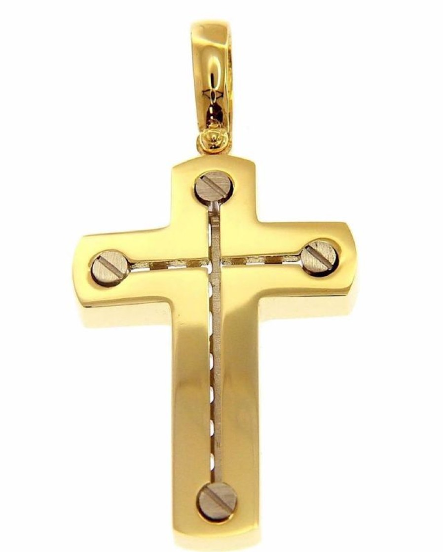 Vaticanum Gioielli in Oro Croce Design Stile Moderno Con Viti Ciondolo Pendente Gr 5,6 Bicolore Oro Massiccio Giallo Bianco 18Kt Da Uomo First Communion