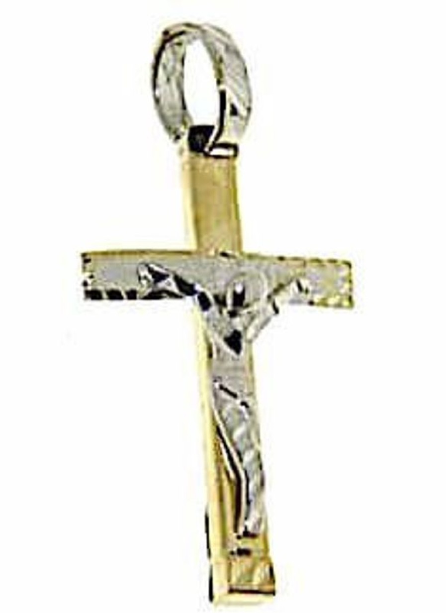 Vaticanum Gioielli in Oro Croce Diamantata Con Corpo Di Cristo Ciondolo Pendente Gr 1,9 Bicolore Oro Giallo Bianco 18Kt A Canna Vuota Uni Donna Uomo First Communion