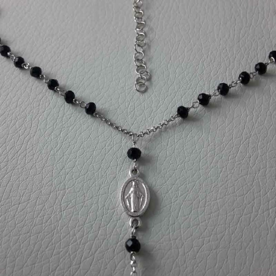 Vaticanum Gioielli in Argento Collana Rosario Argento 925 Pietre Nere Miracolosa Croce Gr.5,30 Da Donna First Communion